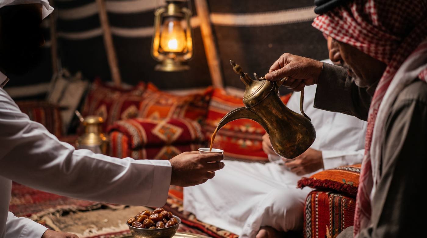 معزّب يصب القهوة لضيف إماراتي في بيت الشعر