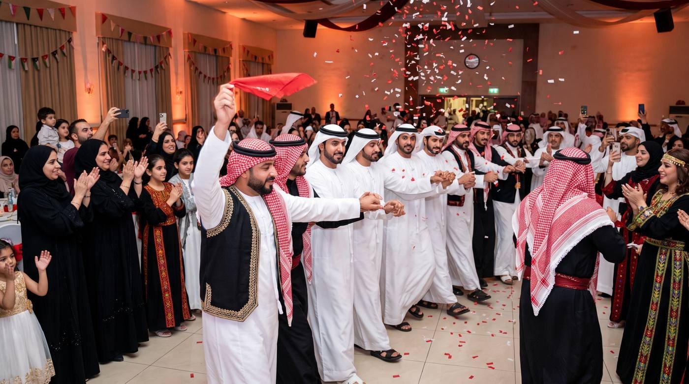 صف دبكة للرجال يجمع إماراتيين وأردنيين والعائلات تصفق